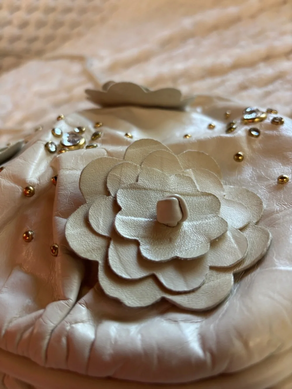Atalla New York Cream Leather Floral Studded Clutch-Shoulder Bag